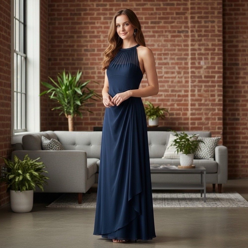 David's Bridal Size 4 Navy Blue Halter Mesh‎ Ruched Maxi Formal Gown Dress